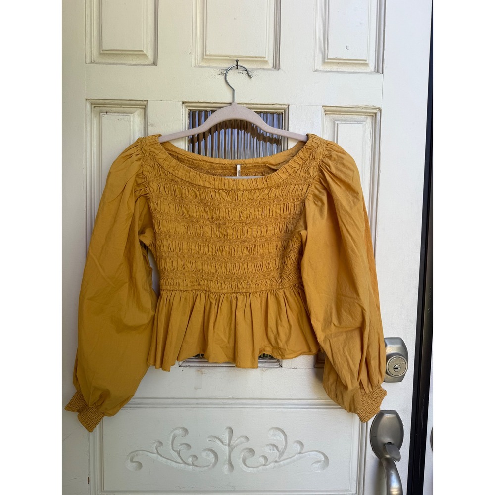 Free People Smocked Peplum Top Mustard Yellow Puff Sleeve Cotton Size XS